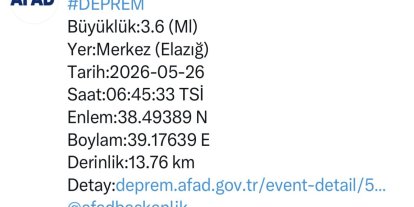 Elazığ’da 3.6 büyüklüğünde deprem