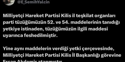 MHP Kilis İl Teşkilatı feshedildi