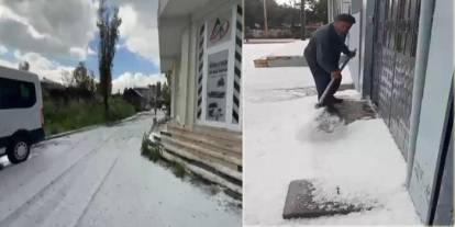 Kars'a dolu yağdı, vatandaşlar kar temizler gibi kürek salladı