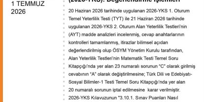 YKS değerlendirildi: 1 soru iptal, 1 sorunun şıkkı değişti