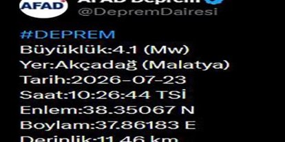 Malatya’da 4.1 büyüklüğünde deprem