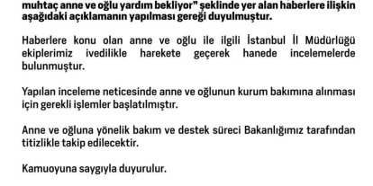Bakanlıktan ’bakıma muhtaç anne ve oğlu’ ile ilgili açıklama: "Kurum bakımına alınmaları için gerekli işlemler başlatılmıştır"