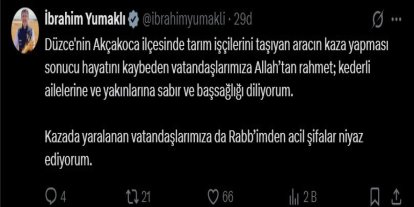 Bakan Yumaklı Düzce’deki kaza sonrası başsağlığı mesajı yayınladı