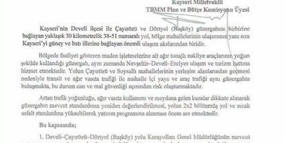 MHP’li Ersoy; Develi - Çayırözü- Dörtyol ulaşım güvenliğini meclise taşıdı