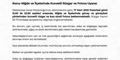 Niğde ve ilçelerinde kuvvetli rüzgar ve fırtına bekleniyor