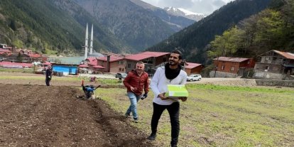 Uzungöl’de Arap turistler, tarlada mısır eken vatandaşlara hurma dağıttı, tarla belledi