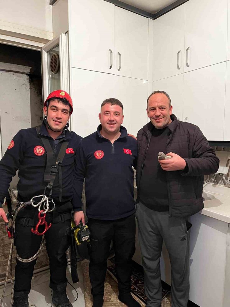 Mahsur kalan güvercini özgürlüğüne itfaiye kavuşturdu