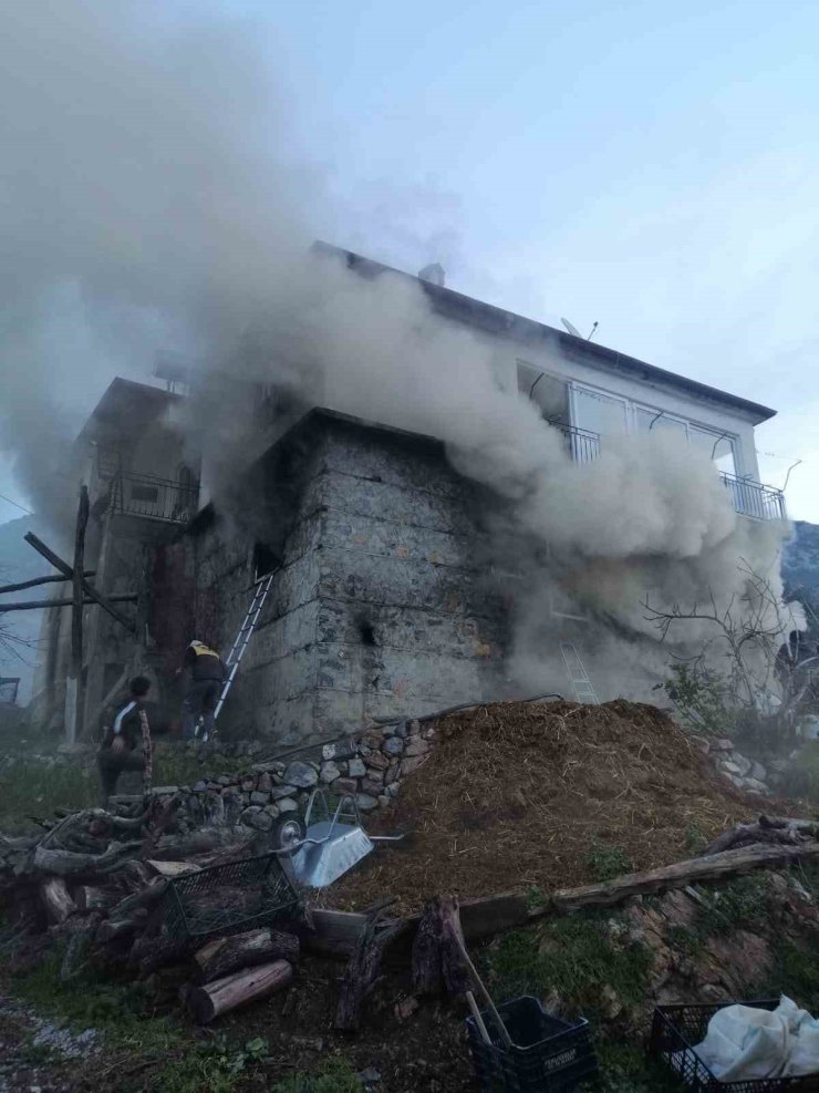Gazipaşa’da iki katlı müstakil evde çıkan yangında ahırda bulunan inek ve buzağı telef oldu
