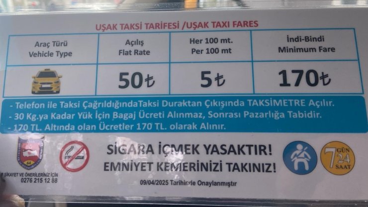 Uşak’ta taksi indi-bindi ücreti 170 TL oldu