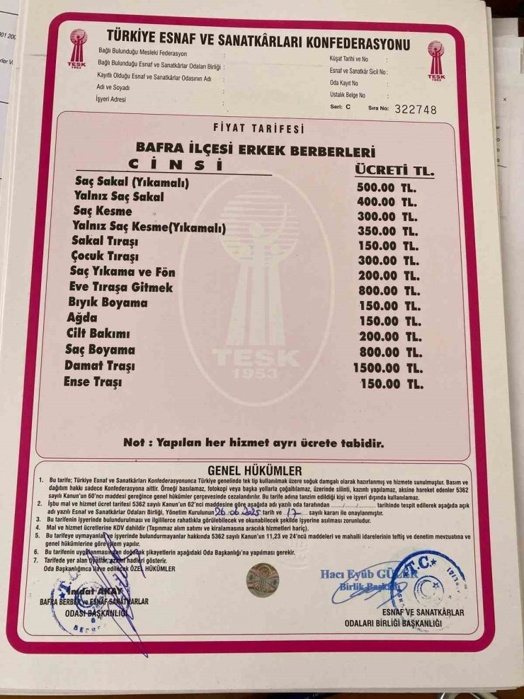 Bafra’da berber ve kuaförlere zam: Ense tıraşı 150 lira