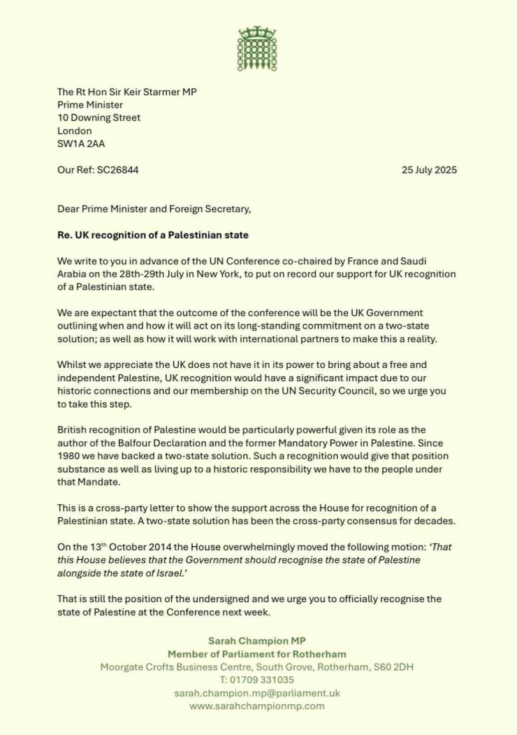 İngiltere’de 221 parlamenter, Başbakan Starmer’a Filistin’in tanınmasını talep eden mektup gönderdi