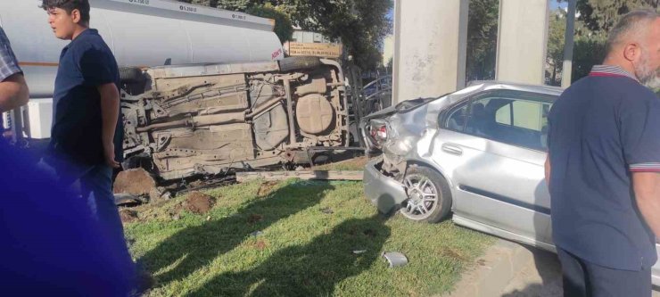 Otomobille çarpışan araç takla atarak durabildi