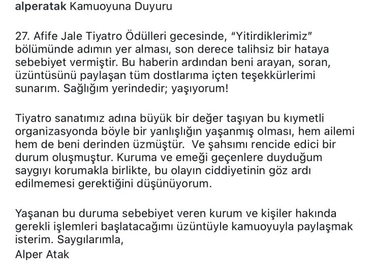 Afife Jale Tiyatro Ödülleri’nde akılalmaz hata: Oyuncu Alper Atak hayatını kaybedenler arasında anıldı