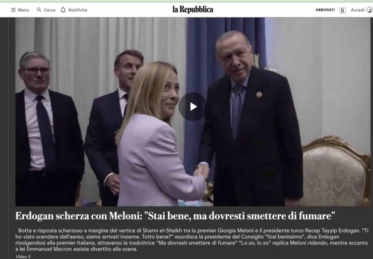 Cumhurbaşkanı Erdoğan’ın İtalya Başbakanı Meloni’ye sigara uyarısı İtalya basınında