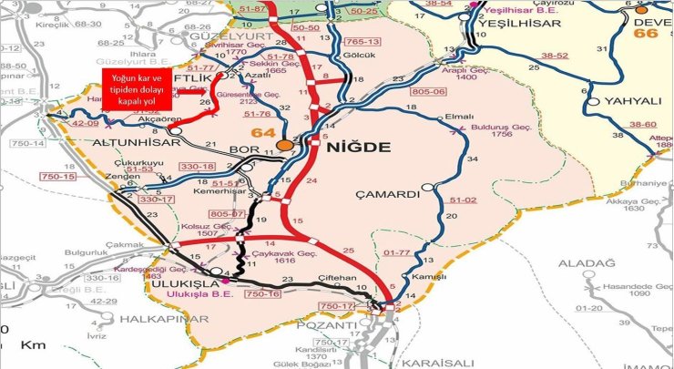 Niğde’de yoğun kar yağışı nedeniyle iki yol trafiğe kapatıldı