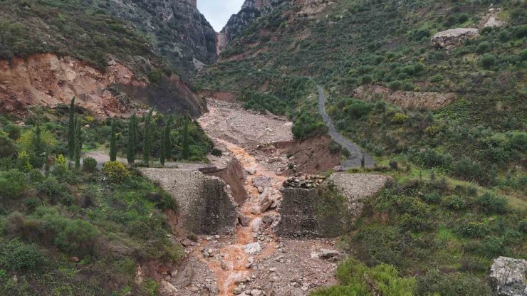 Aşırı yağışla birlikte derenin artan debisi köprüyü yıktı, yolda çökmeye neden oldu