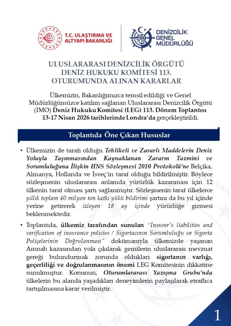 Uluslararası Denizcilik Örgütü Deniz Hukuku Komitesi’nin 113. Dönem Toplantısı Londra’da yapıldı