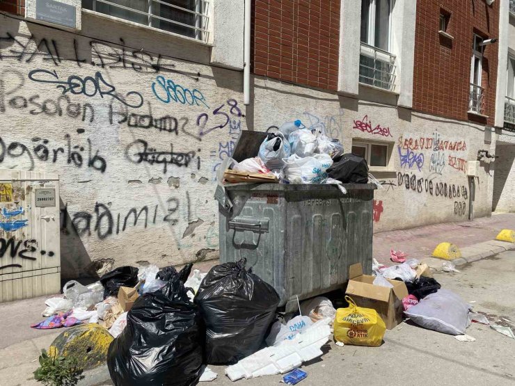 Güllük Mahallesinde yetersiz çöp konteynırı sebebiyle çöpler yollara taştı