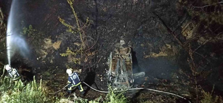 Şarampole yuvarlanan otomobil orman yangınına neden oldu