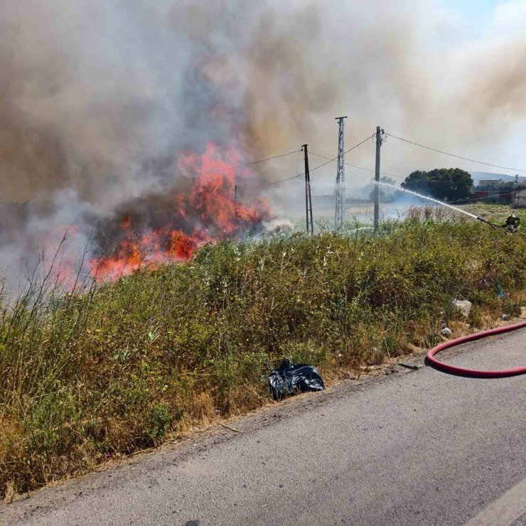 Burhaniye’de ot yangını trafiği etkiledi