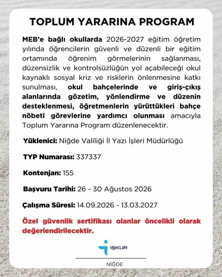 Niğde İŞKUR’dan okullar için 155 kişilik TYP duyurusu