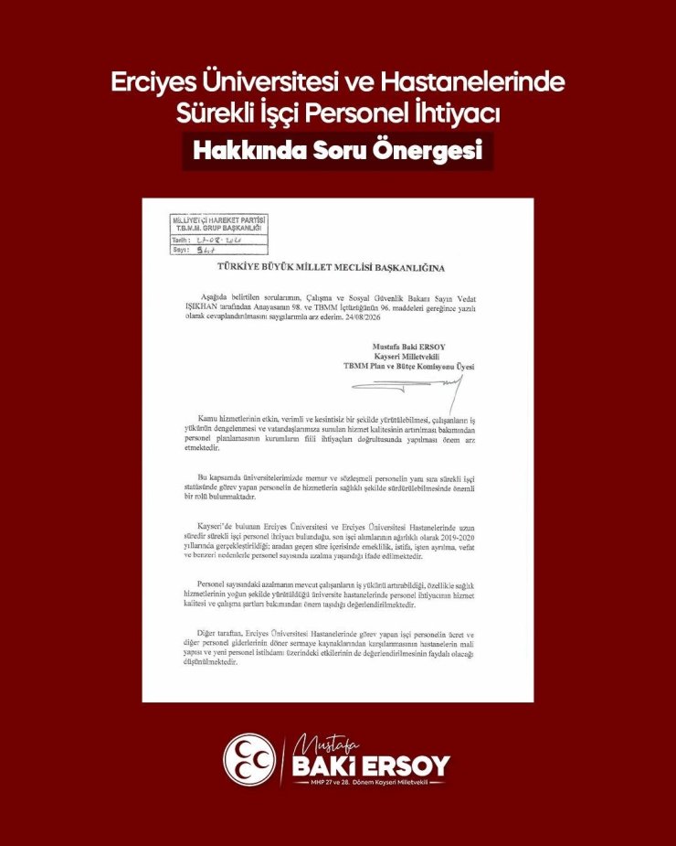 MHP’li Ersoy, ERÜ ve hastanelerindeki personel ihtiyacını meclis gündemine taşıdı